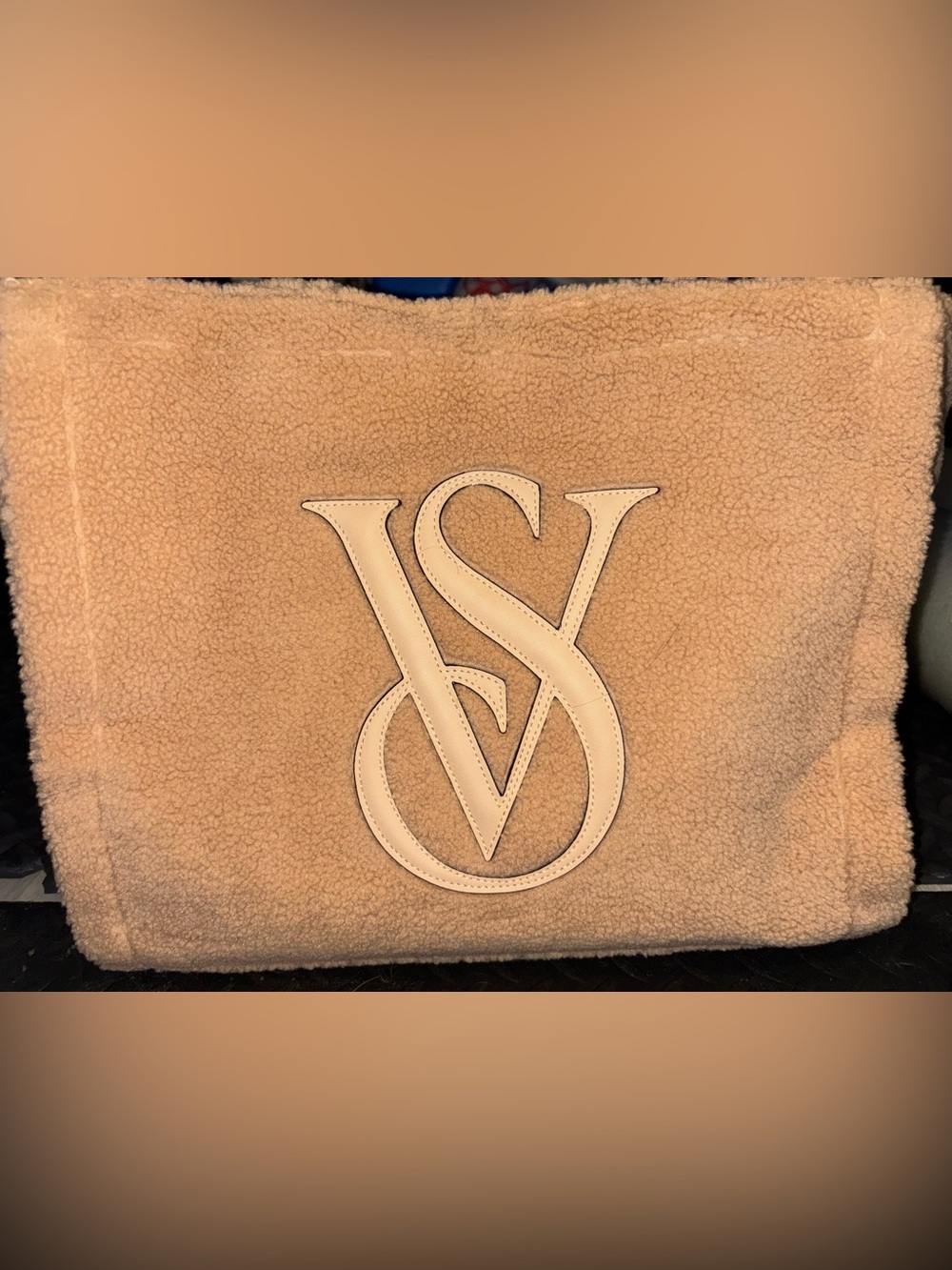 Victoria's Secret Tan Sherpa Tote with Cream VS Logo